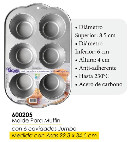 ARCOIRIS MOLDE DE ACERO DE CARBONO PARA CUPCAKES JUMBO 6 CAVIDADES