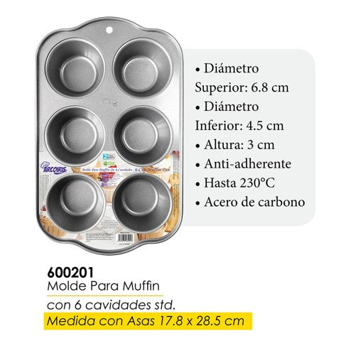 ARCOIRIS MOLDE DE ACERO DE CARBONO PARA CUPCAKES ESTANDAR 6 CAVIDADES